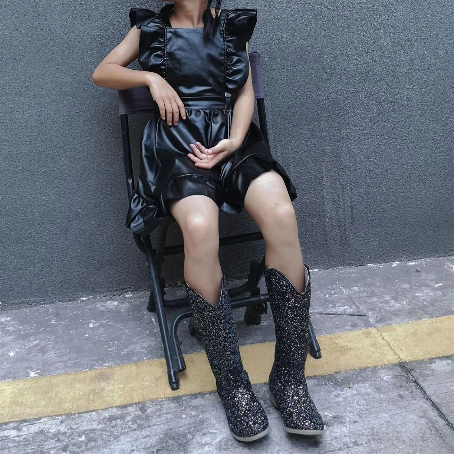 Girls Cowboy Western Boots Knee Length Sequins Fashion Riding Shoes Kids Mid Calf Low Heel Long Boots 2024 Trendy