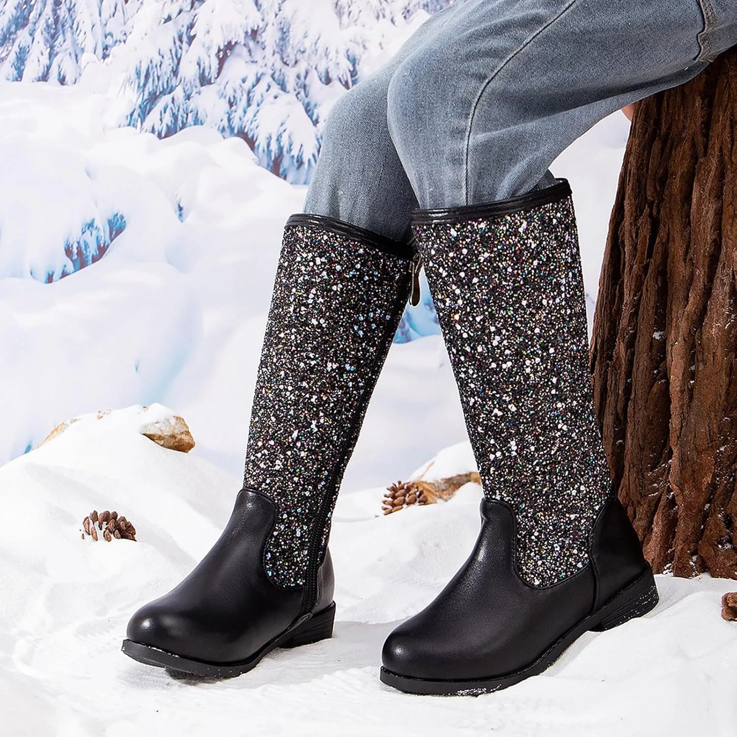 Girls/Kids hinestone Mid Calf Fleece Plush Boots Chunky Low Heel Comfortable Warm Lined Girls Toddler Leather Boots