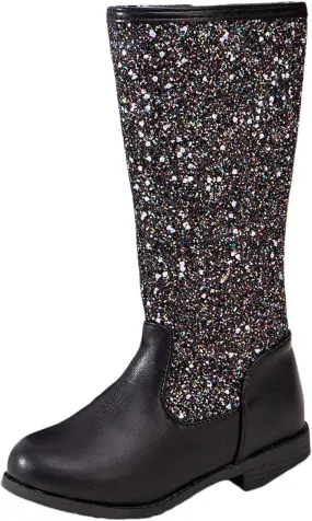 Girls/Kids hinestone Mid Calf Fleece Plush Boots Chunky Low Heel Comfortable Warm Lined Girls Toddler Leather Boots