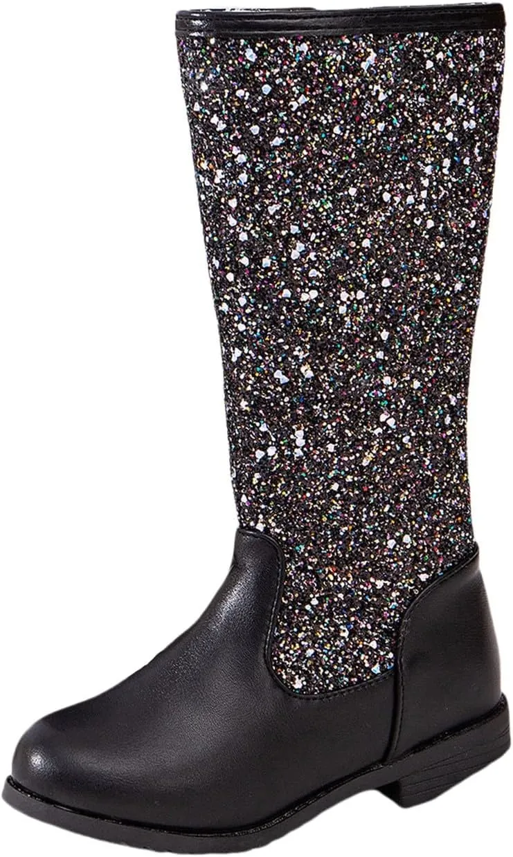 Girls/Kids hinestone Mid Calf Fleece Plush Boots Chunky Low Heel Comfortable Warm Lined Girls Toddler Leather Boots