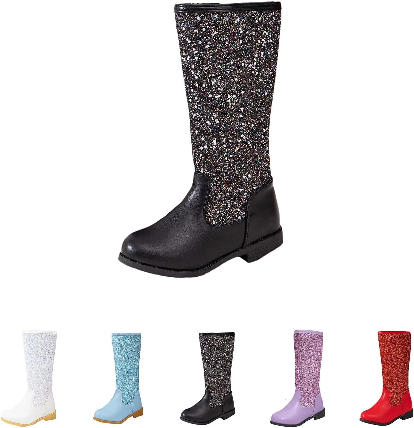 Girls/Kids hinestone Mid Calf Fleece Plush Boots Chunky Low Heel Comfortable Warm Lined Girls Toddler Leather Boots