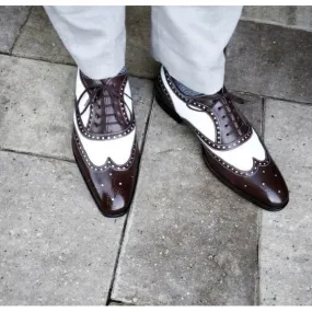 Handmade Men's Brown & White Leather Wingtip Shoes