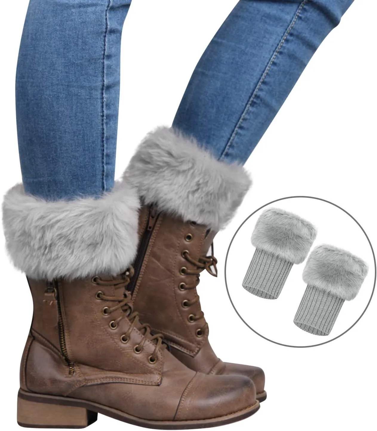 Ibluelover Women Faux Fur Trim Boot Cuffs Socks Winter Knitted Furry Leg Warmers Cuffs Short Crochet Warm Boot Covers Sleeves