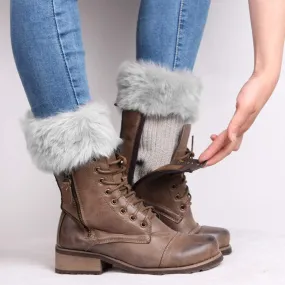Ibluelover Women Faux Fur Trim Boot Cuffs Socks Winter Knitted Furry Leg Warmers Cuffs Short Crochet Warm Boot Covers Sleeves