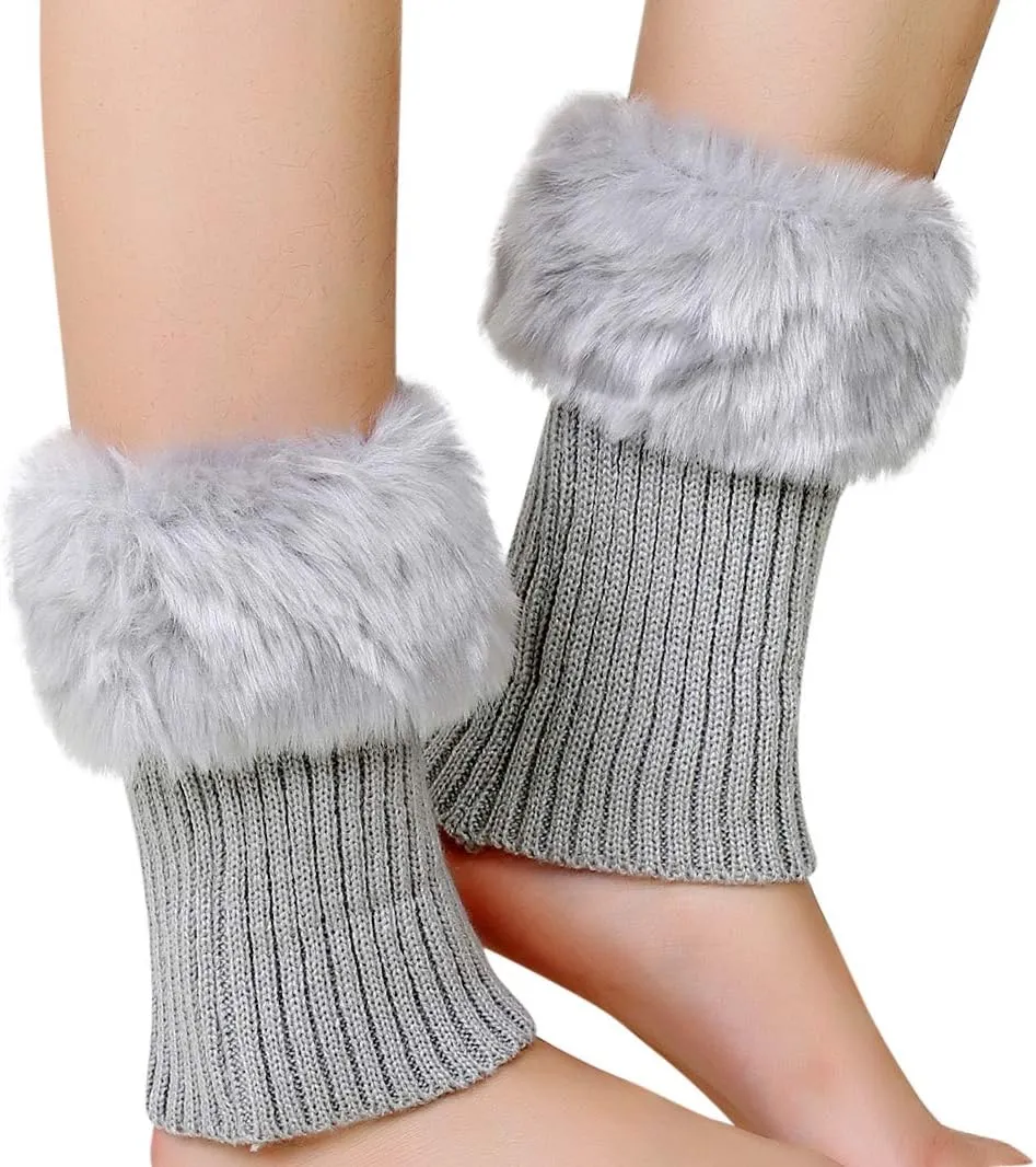 Ibluelover Women Faux Fur Trim Boot Cuffs Socks Winter Knitted Furry Leg Warmers Cuffs Short Crochet Warm Boot Covers Sleeves
