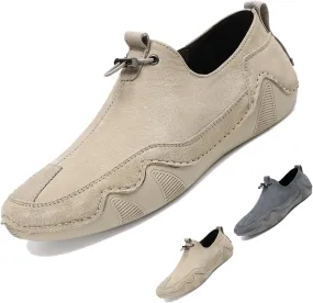 Men's Casual Elastic Belt Leather Loafers Shoes,Fashion Casual Elastic Slip On Suede Shoes Sports Casual Soft Flat Soled