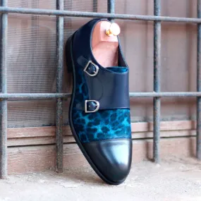 Men's Double Monk Leather Shoes Wide Plus Size Blue 1493