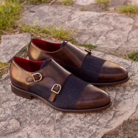 Men's Double Monk Leather Shoes Wide Plus Size Blue Dark Brown 2025