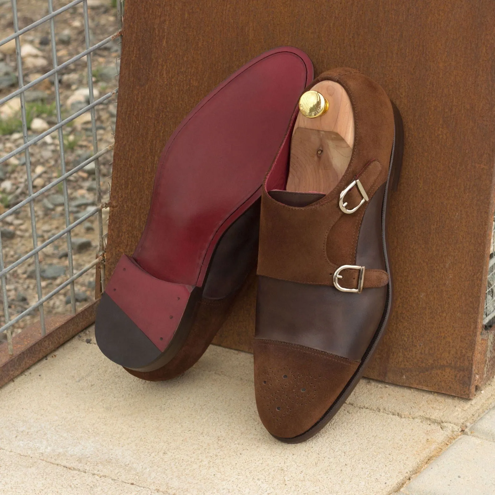 Men's Double Monk Leather Shoes Wide Plus Size Brown Dark Brown 2731