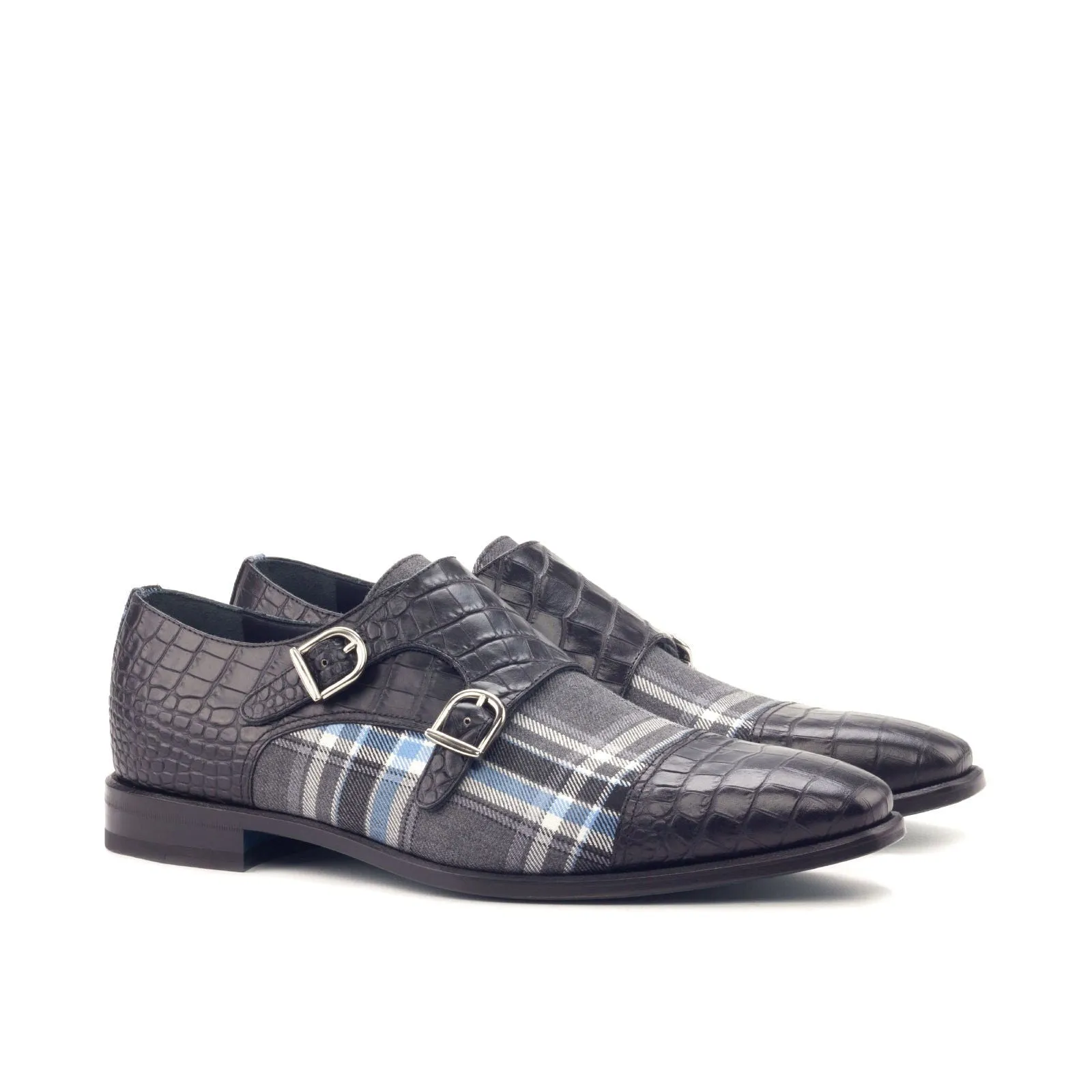 Men's Double Monk Leather Shoes Wide Plus Size Grey Black 3015