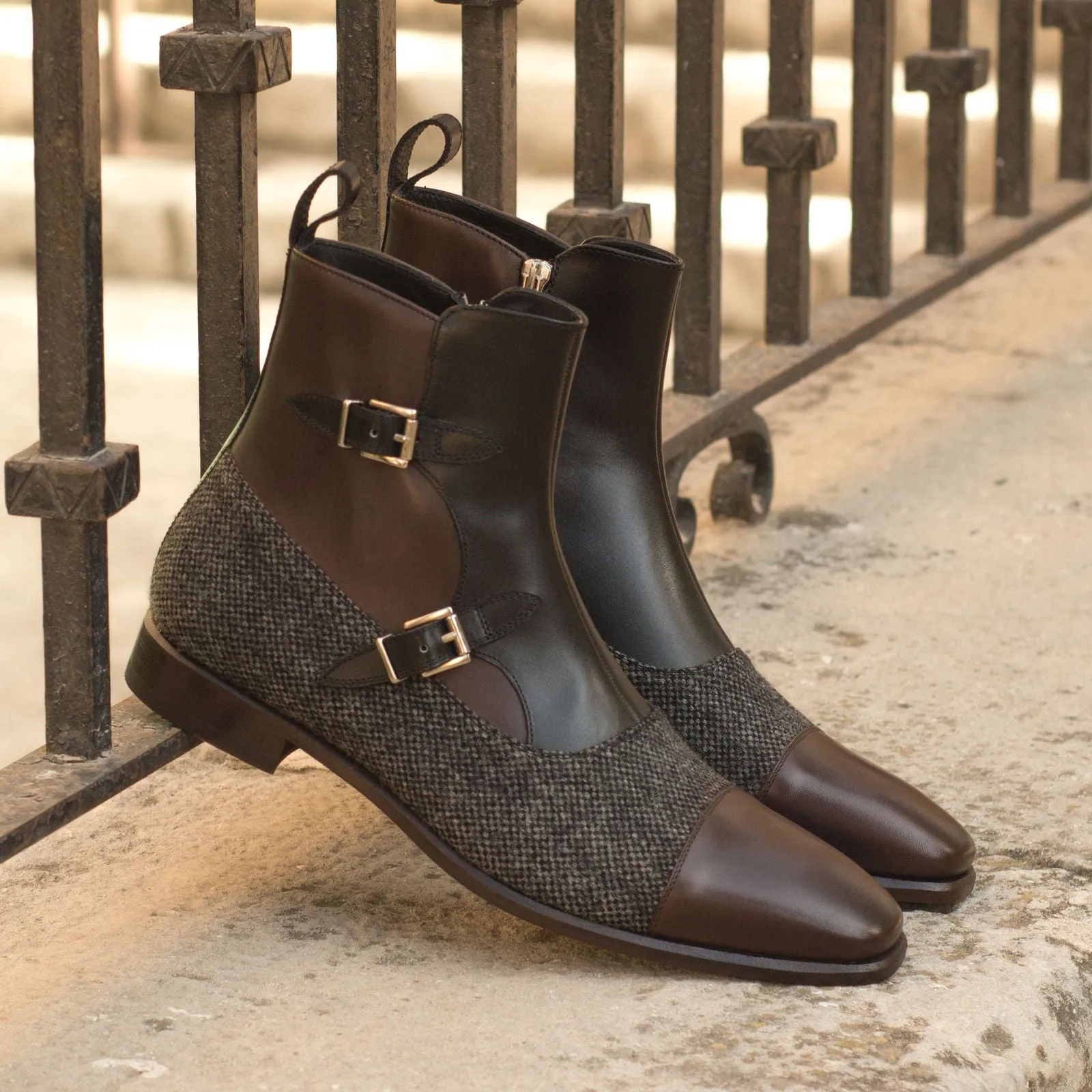Men's Octavian Buckle Leather Boots Wide Plus Size Grey Dark Brown 3679