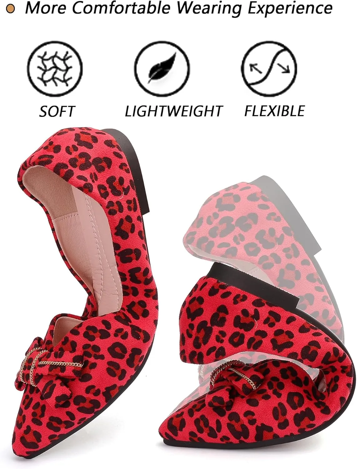 Pointed end Women Flat Shoes Classic Leopard Print Flat Shoes with Bow Decoration, Casual and Comfortable Flat Shoes
