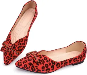 Pointed end Women Flat Shoes Classic Leopard Print Flat Shoes with Bow Decoration, Casual and Comfortable Flat Shoes