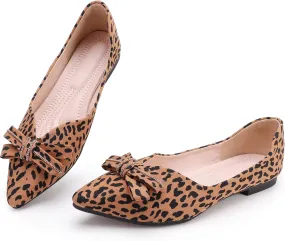 Pointed end Women Flat Shoes Classic Leopard Print Flat Shoes with Bow Decoration, Casual and Comfortable Flat Shoes
