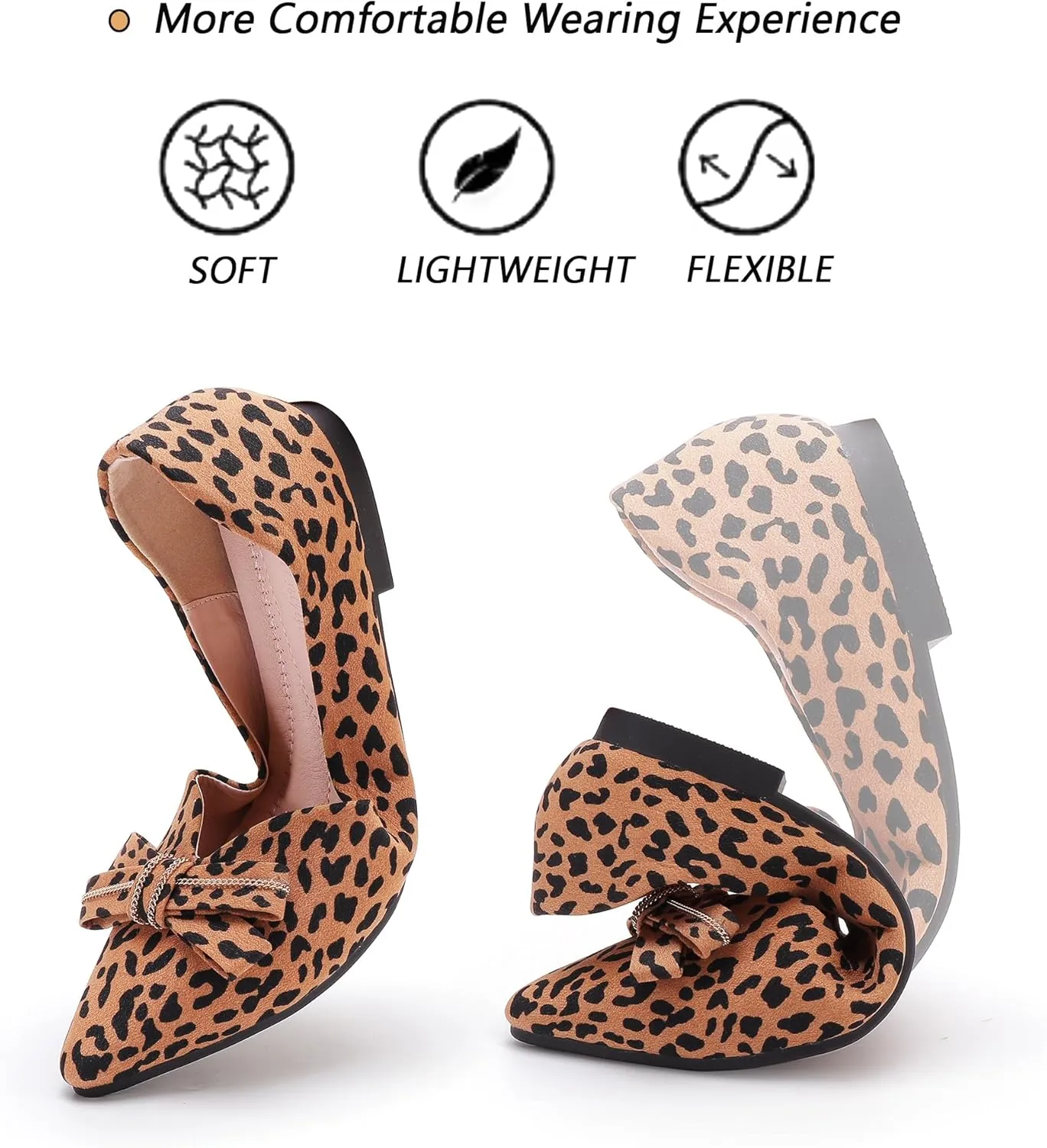 Pointed end Women Flat Shoes Classic Leopard Print Flat Shoes with Bow Decoration, Casual and Comfortable Flat Shoes