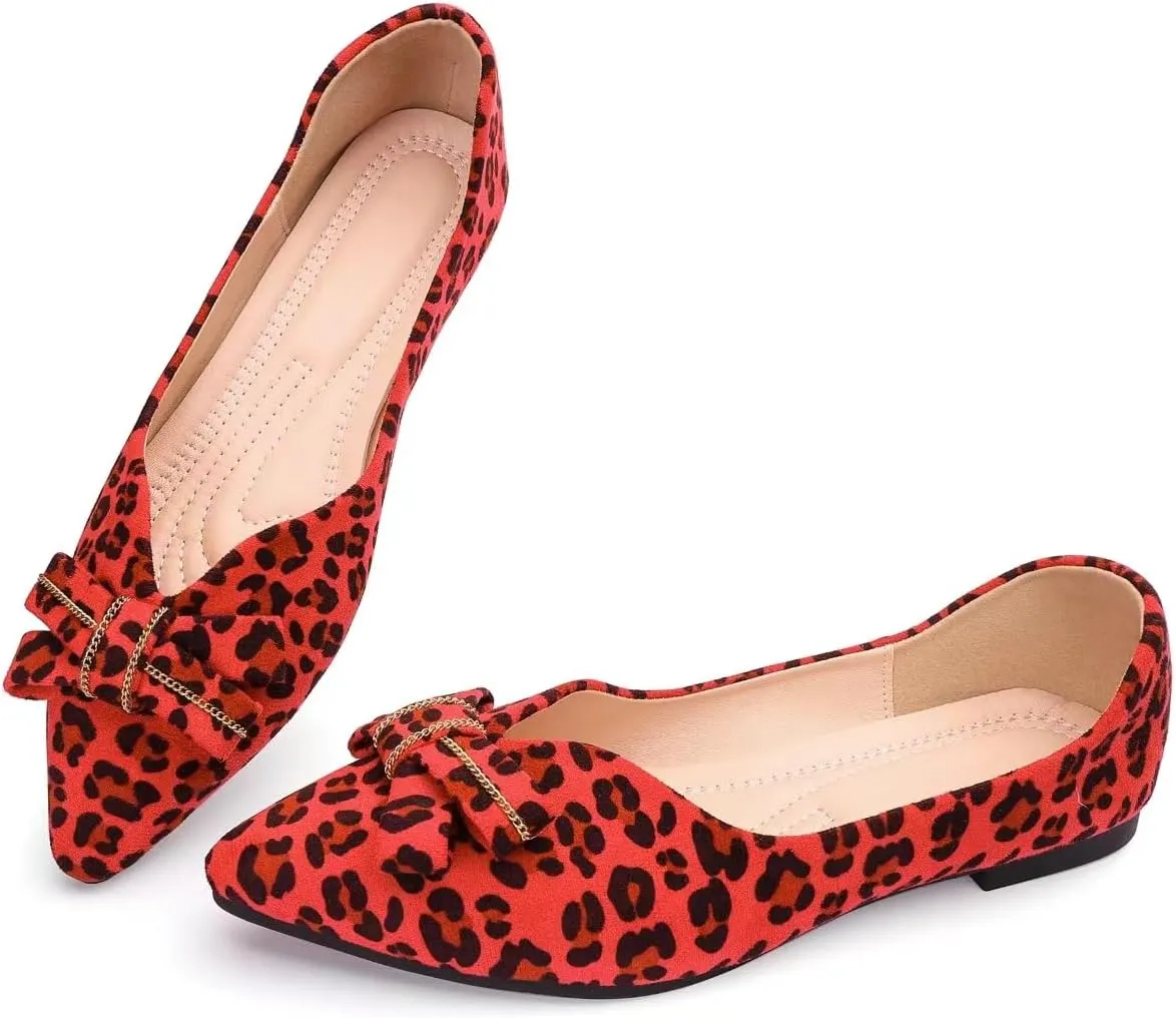 Pointed end Women Flat Shoes Classic Leopard Print Flat Shoes with Bow Decoration, Casual and Comfortable Flat Shoes