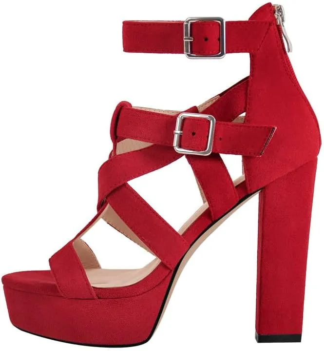 richealnini Platform High Heels Block Heeled Sandals with Zippers Ankle Strappy Heels