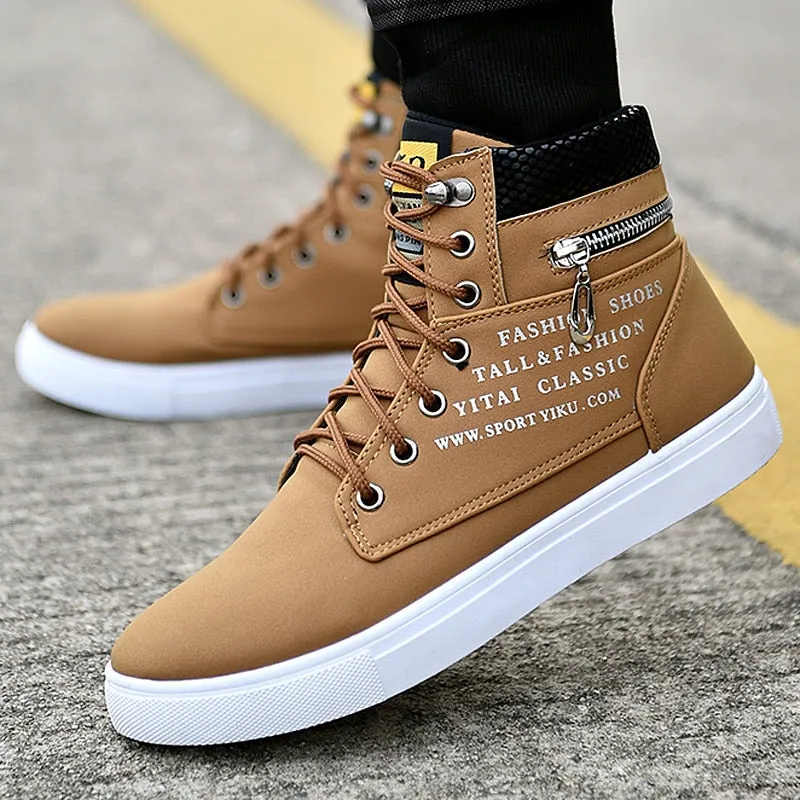 Spring Autumn High Top Men's Shoes Leather Men's Casual Sneaker Shoes Lace-up Wild Platform Sneakers Flat Vulcanized Shoes