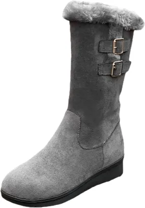 Suede Mid Calf Boots For Women Side Zipper Winter Boots Cold Weather Boots Fur Lined Winter Booties Warm Riding Boots