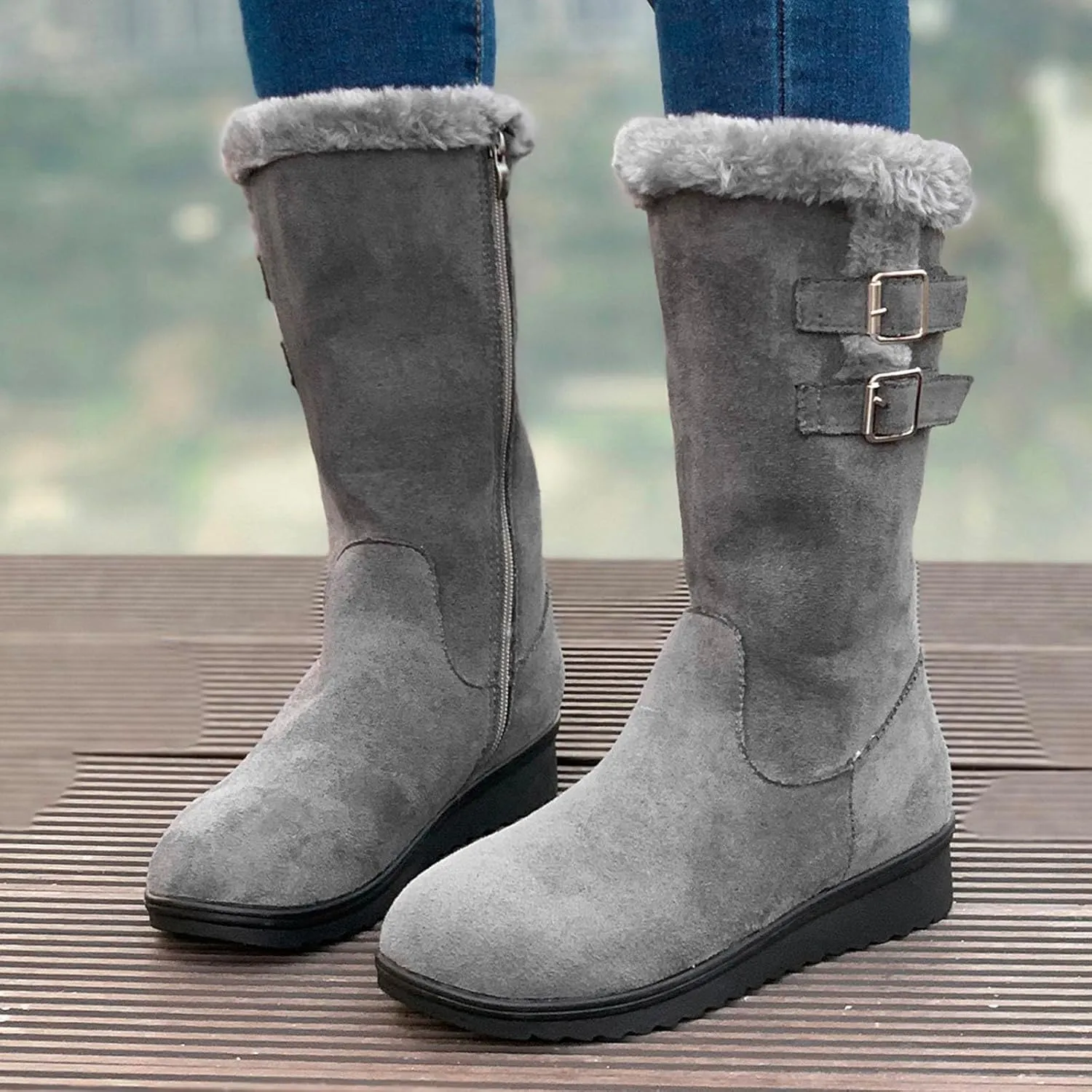 Suede Mid Calf Boots For Women Side Zipper Winter Boots Cold Weather Boots Fur Lined Winter Booties Warm Riding Boots