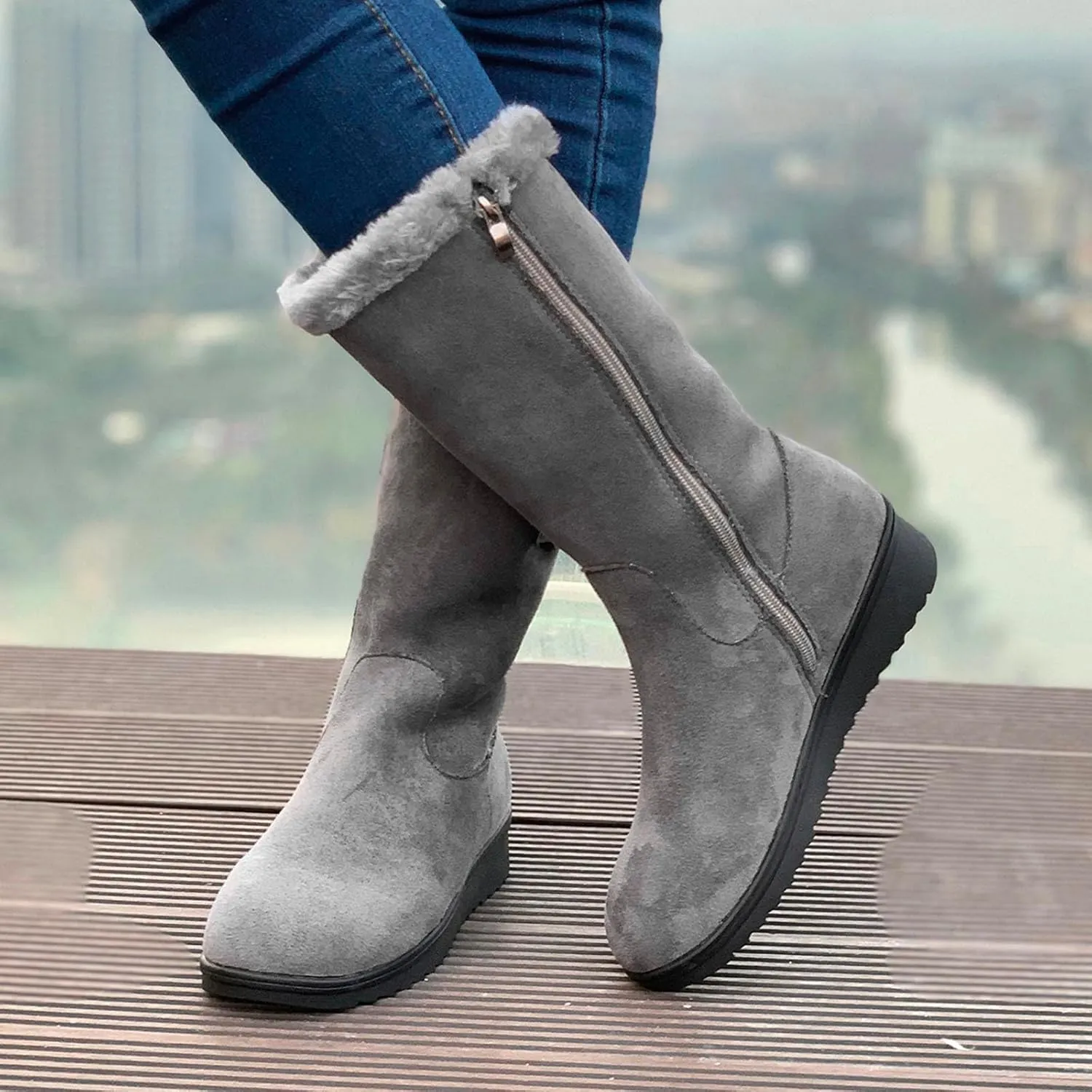 Suede Mid Calf Boots For Women Side Zipper Winter Boots Cold Weather Boots Fur Lined Winter Booties Warm Riding Boots