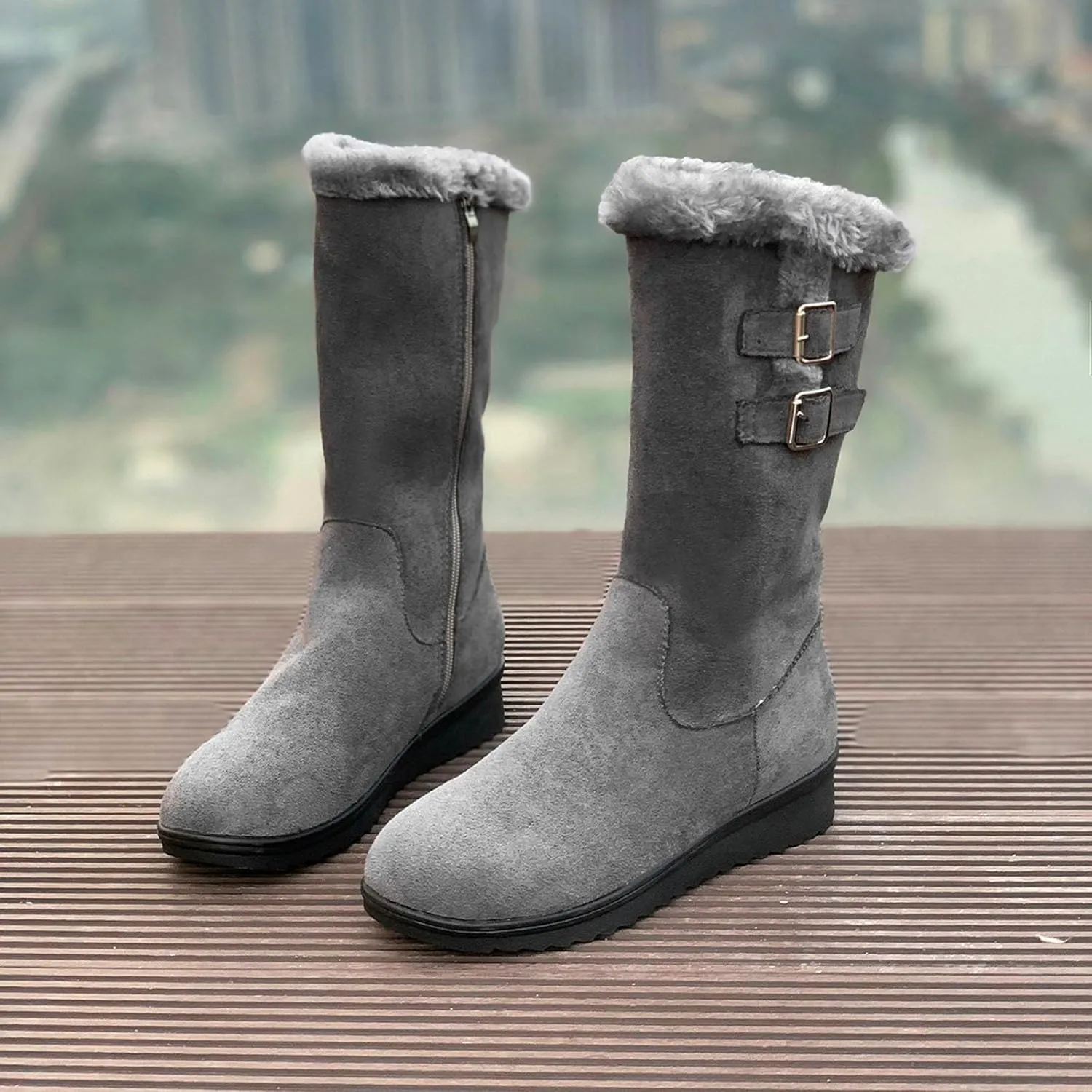 Suede Mid Calf Boots For Women Side Zipper Winter Boots Cold Weather Boots Fur Lined Winter Booties Warm Riding Boots