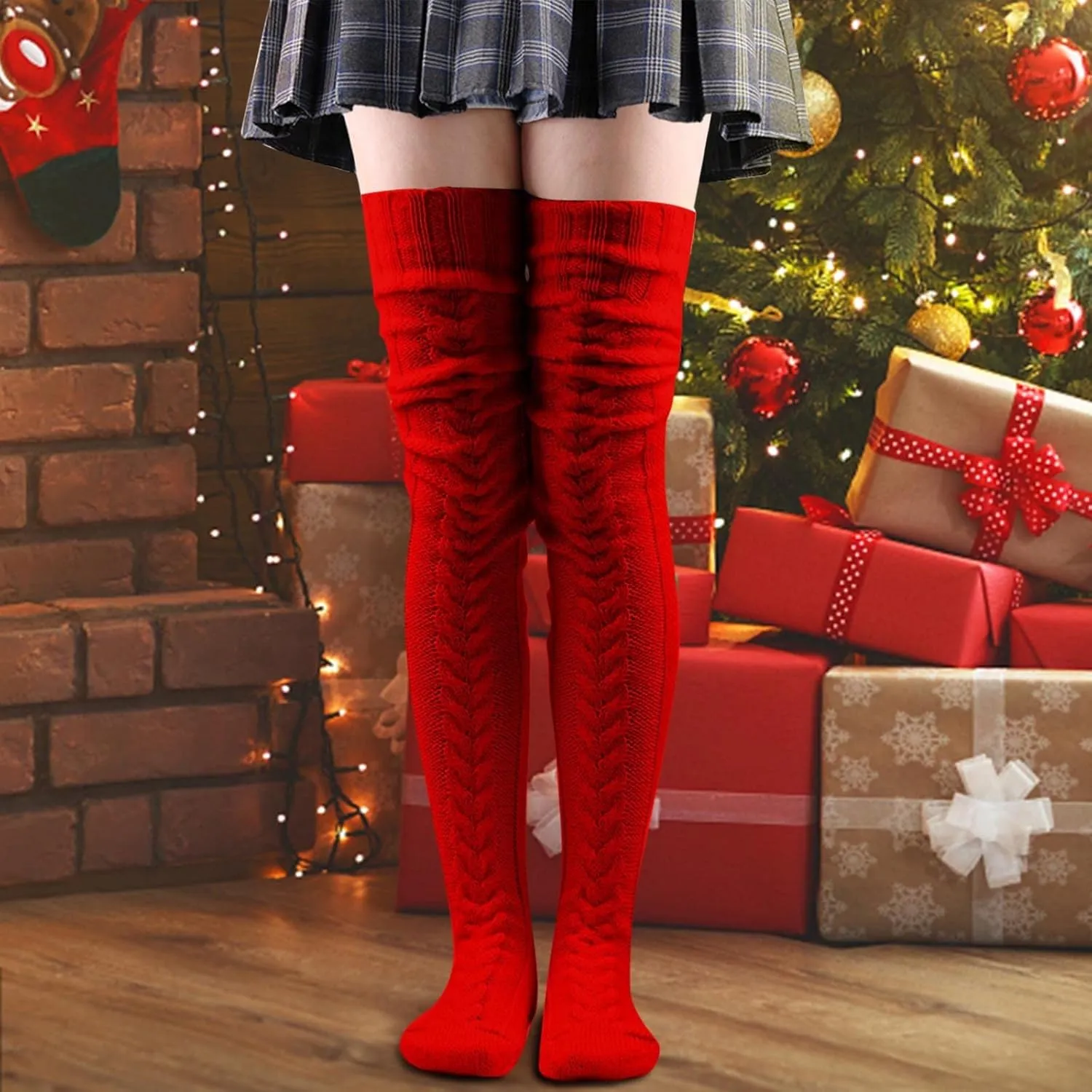 Thigh High Socks for Women Winter Warmers Trendy Christmas Fashion Thermal Over Extra Knee Cable Knit Boot Socks