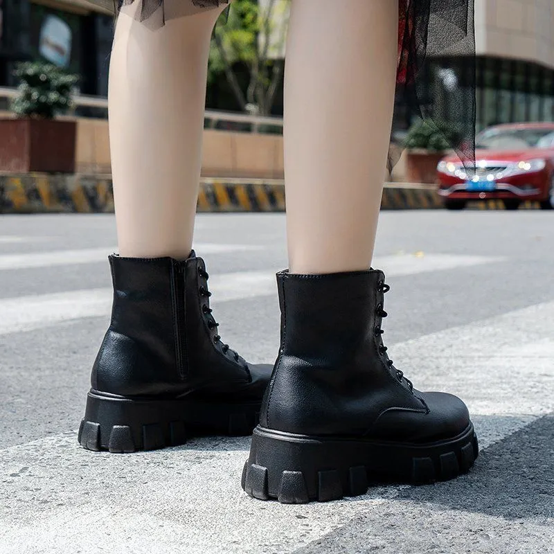 Women Ankle Boots Platform Round Toe 5cm Heel Lace Up and Zip Fashion Shoes for Woman Botas Mujer Plus Size 35-43