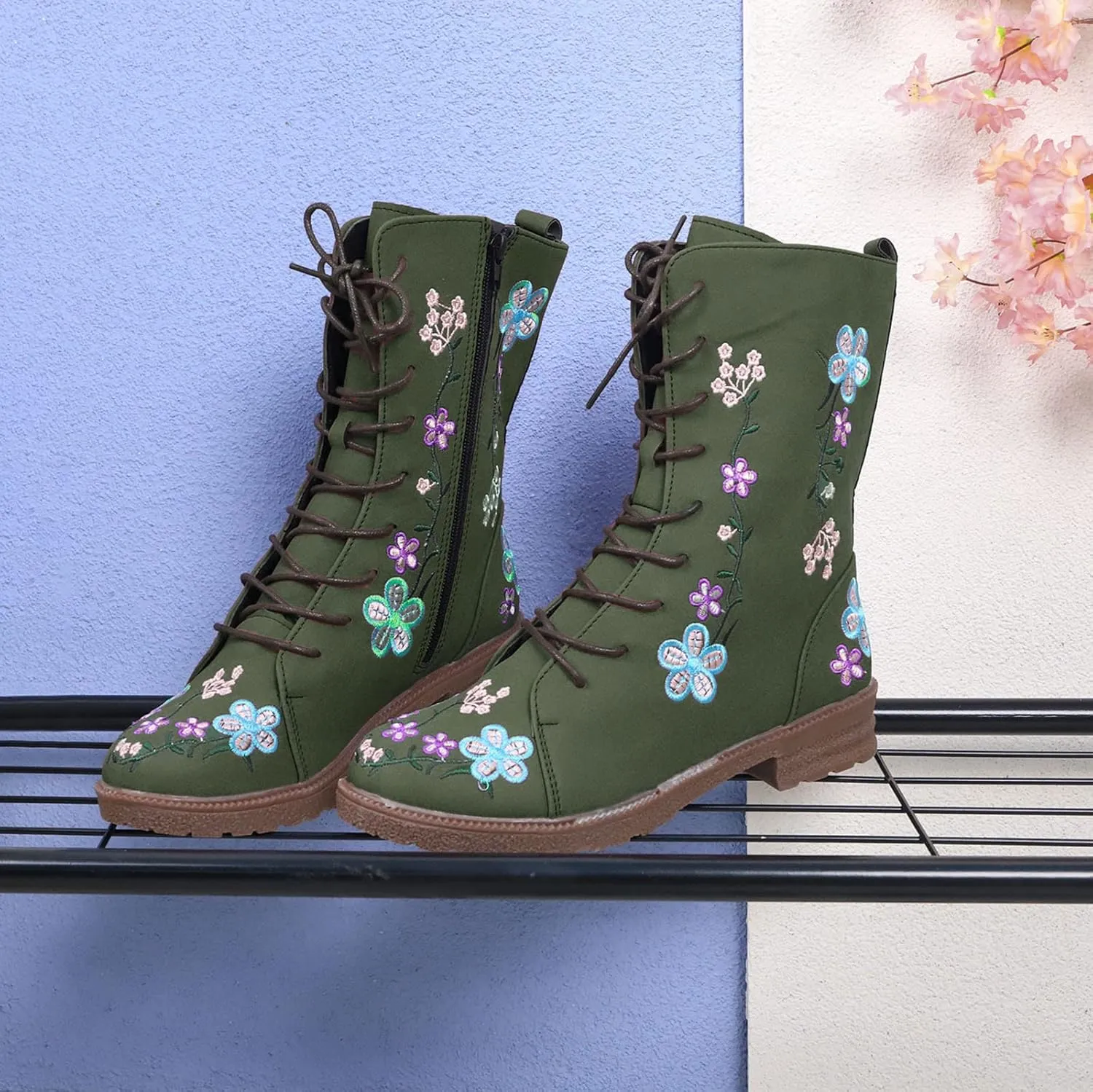 Womens Ankle Boots Western Boots Women Ladies Fashion Embroidered Mid Boots Women's Casual Chunky Heels Women's Boots