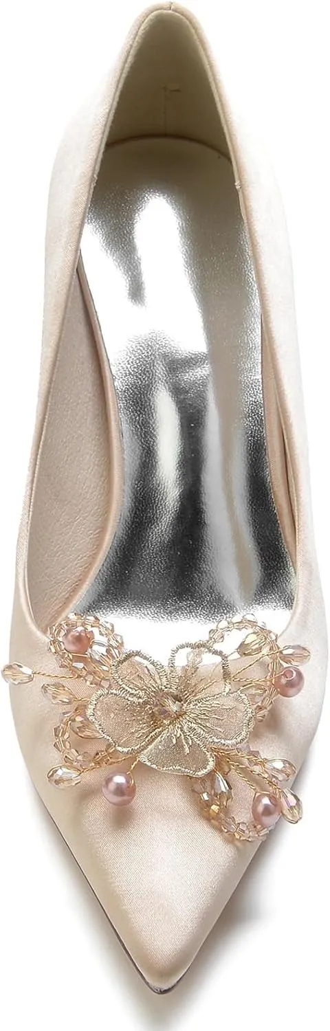 Women's High Heels Classic Pointed Closed Toe Heels Bow Rhinestone Satin Sexy Sandals Pumps Evening Party Dress High Heel