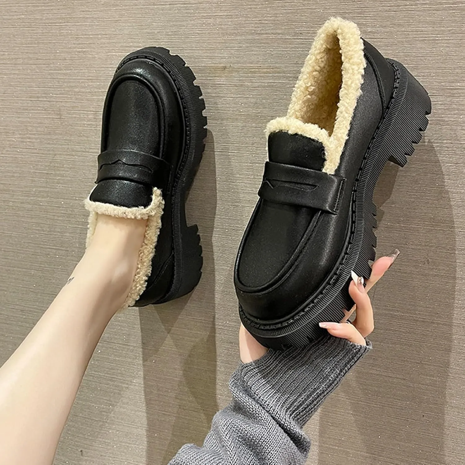 Womens Lug Sole Platform Mid Chunky Heel Loafers Classic Round Toe Slip On Office Uniform Oxfords Shoes