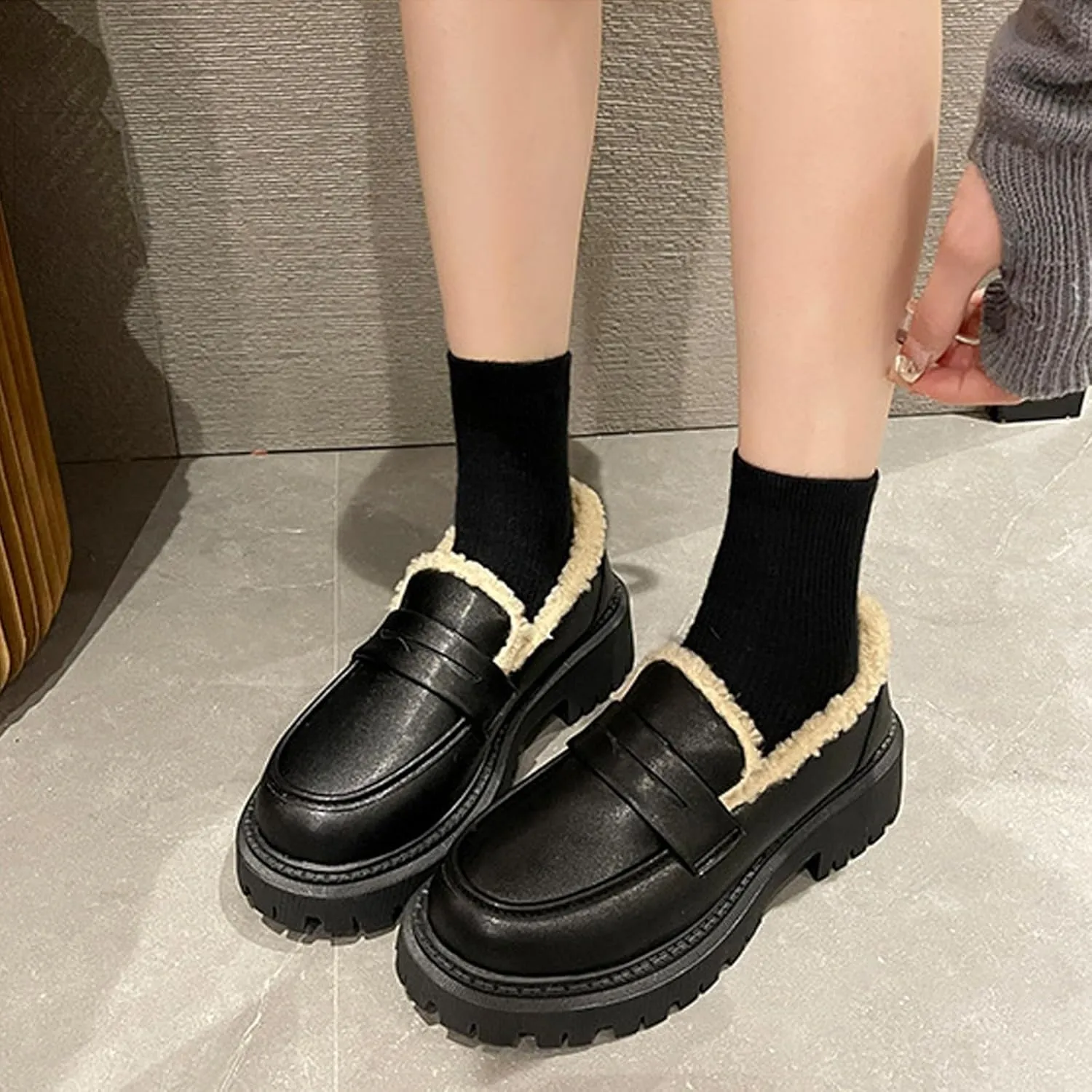 Womens Lug Sole Platform Mid Chunky Heel Loafers Classic Round Toe Slip On Office Uniform Oxfords Shoes