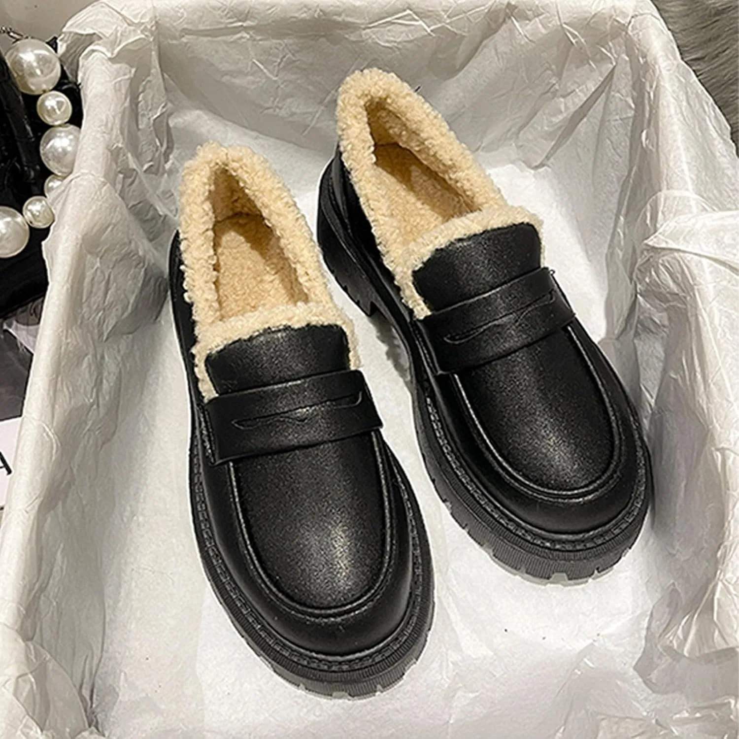 Womens Lug Sole Platform Mid Chunky Heel Loafers Classic Round Toe Slip On Office Uniform Oxfords Shoes