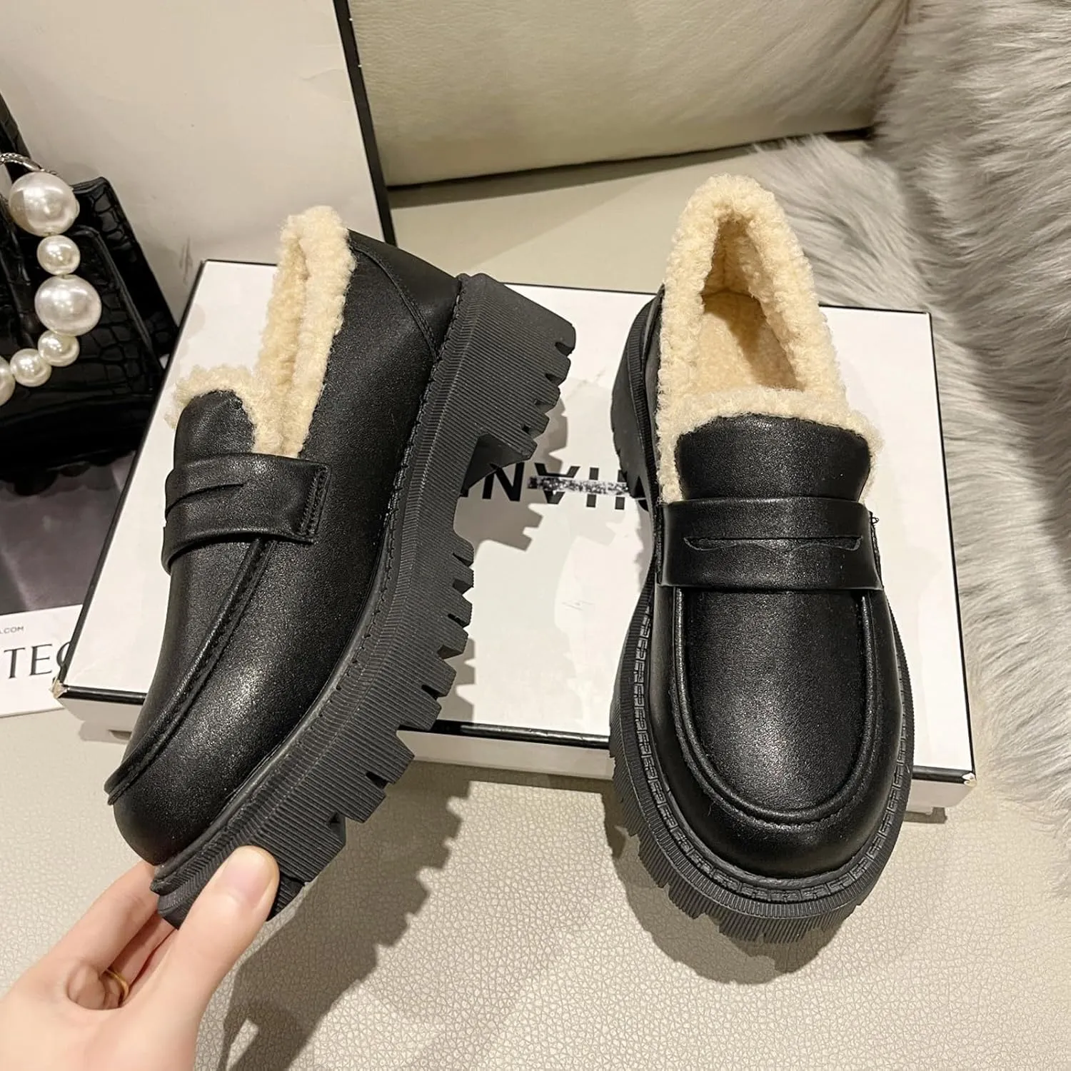 Womens Lug Sole Platform Mid Chunky Heel Loafers Classic Round Toe Slip On Office Uniform Oxfords Shoes