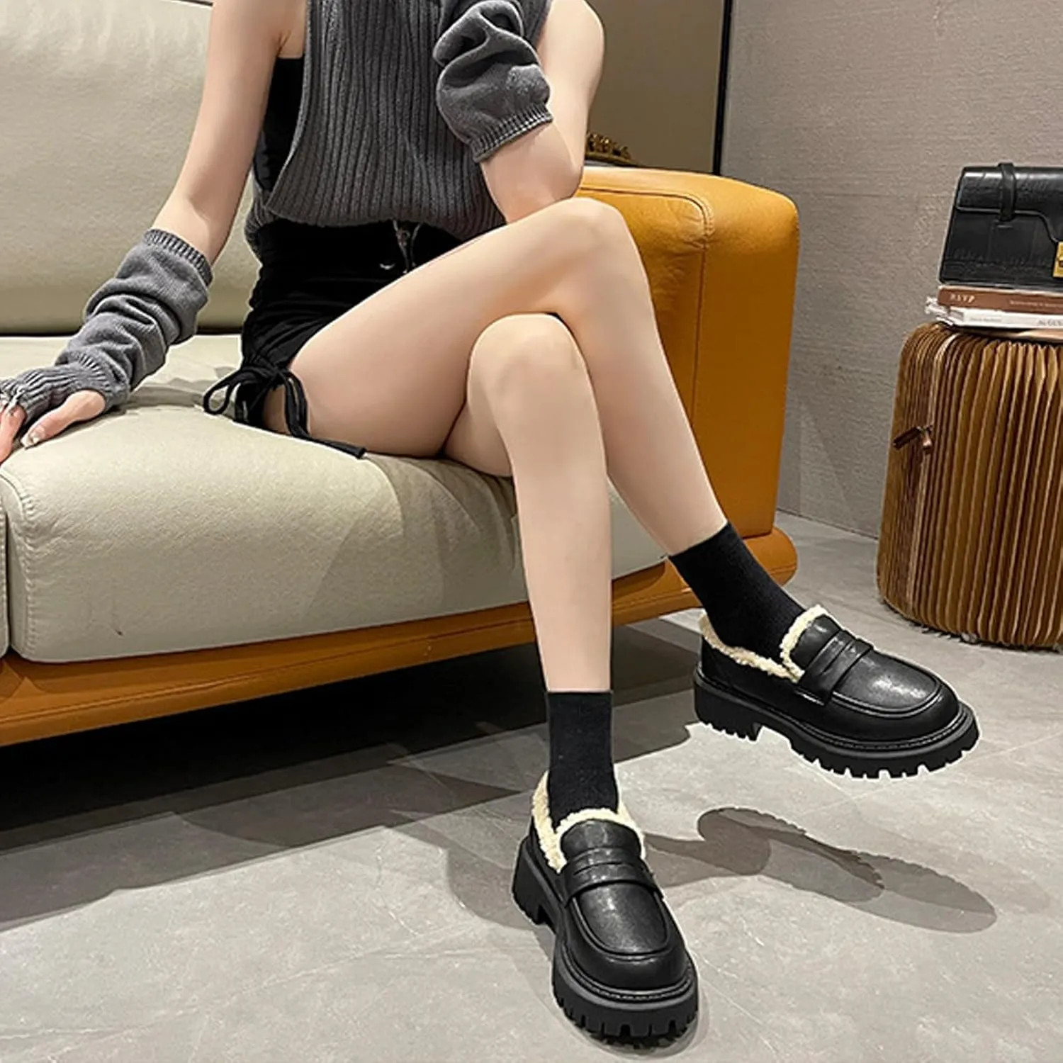 Womens Lug Sole Platform Mid Chunky Heel Loafers Classic Round Toe Slip On Office Uniform Oxfords Shoes