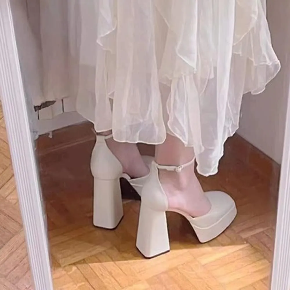 YIYA White Platform Heels for Women Ankle Strap Chunky Block High Heel Pumps Closed Square Toe Heels Comfortable Fashion High Heels