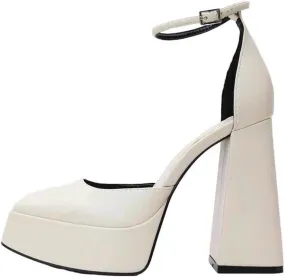 YIYA White Platform Heels for Women Ankle Strap Chunky Block High Heel Pumps Closed Square Toe Heels Comfortable Fashion High Heels