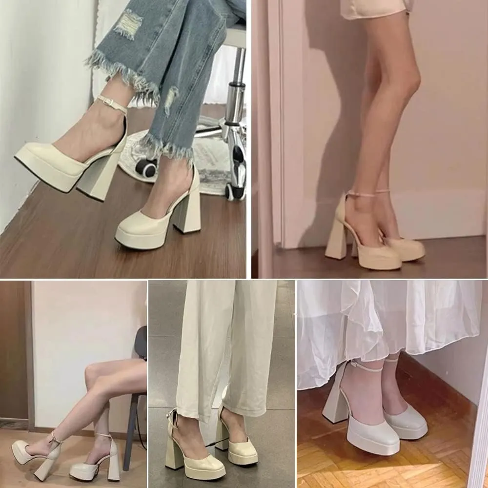 YIYA White Platform Heels for Women Ankle Strap Chunky Block High Heel Pumps Closed Square Toe Heels Comfortable Fashion High Heels